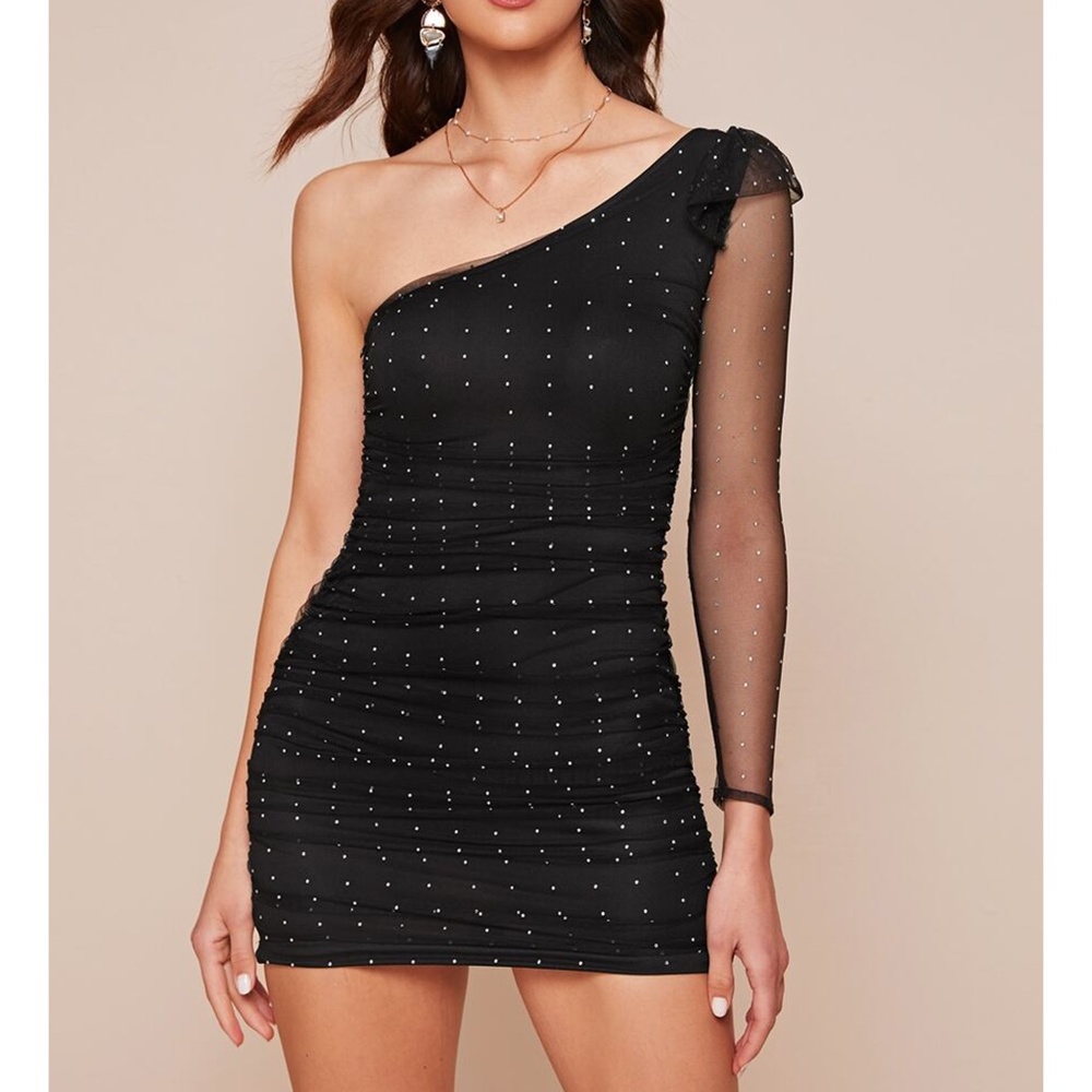 Black One Shoulder Embellished Mesh Bodycon Dress